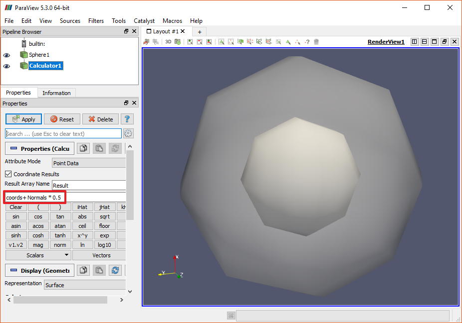 ParaView with the Properties panel of a Calculator filter that generates new coordinate data