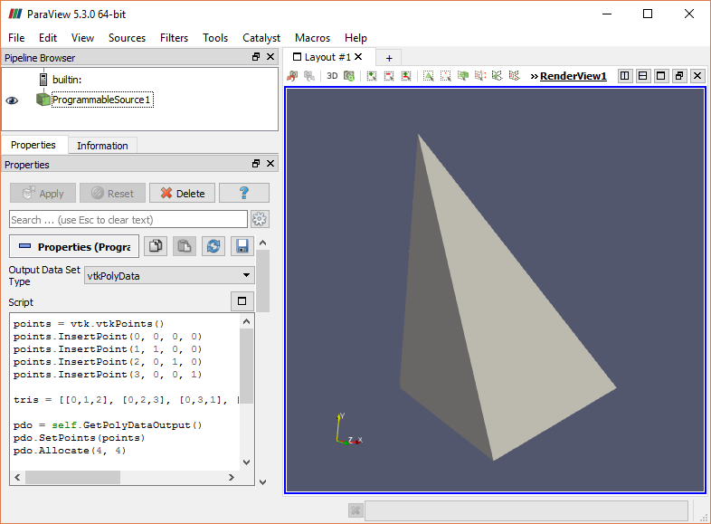 ParaView displaying a tetrahedron produced by a Programmable Source