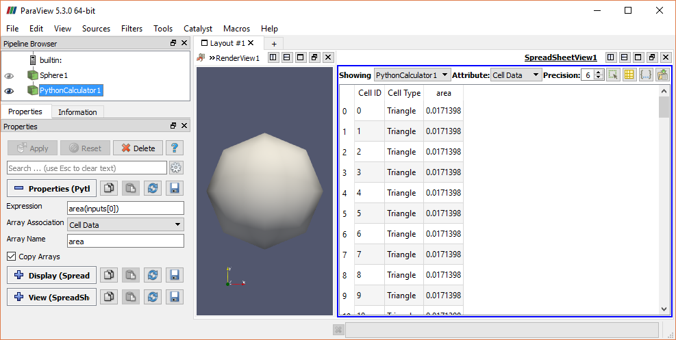 ParaView with a Spread Sheet view displaying the triangle area values from a Python Calculator filter