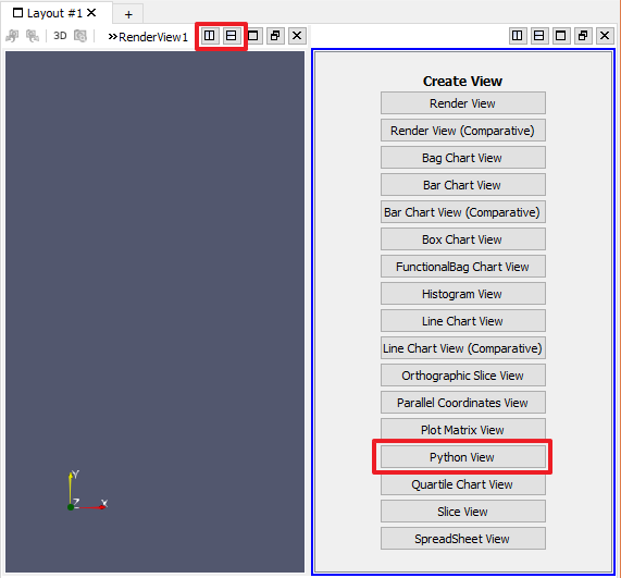 ParaView's Create View panel, used to select a new view's type