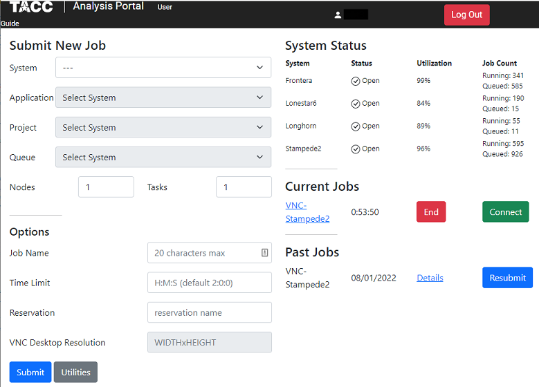 The TACC Analysis Portal dashboard