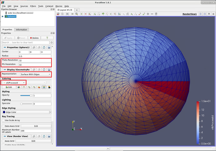 ParaView displaying a sphere colored by process ID numbers