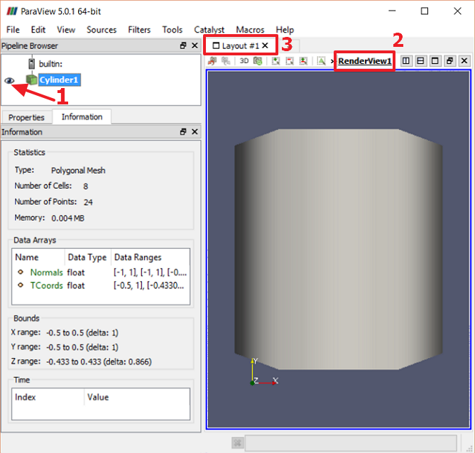 ParaView session with one cylinder in the visualization pipeline and UI elements highlighted