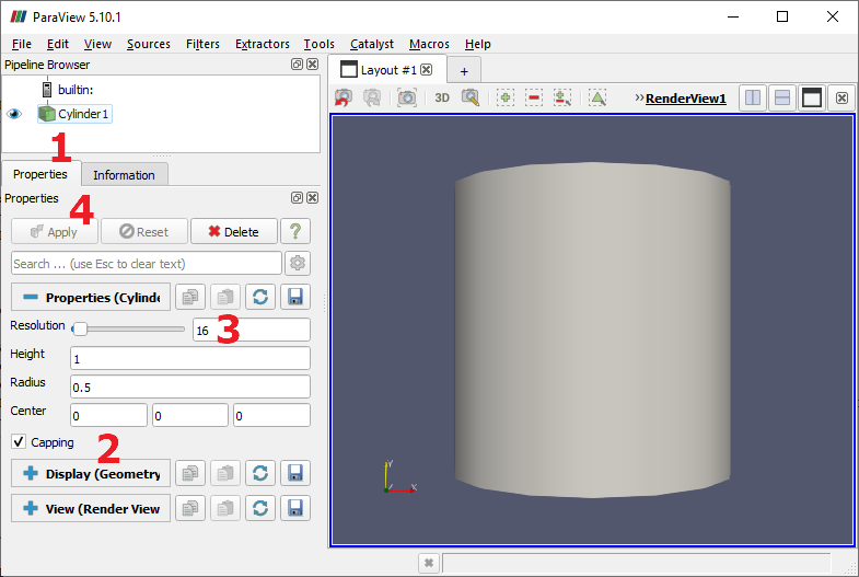 ParaView session with highlighting on elements of the Properties Panel