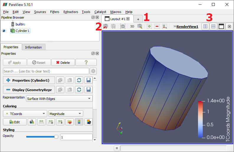 ParaView with highlighting of Render View UI elements