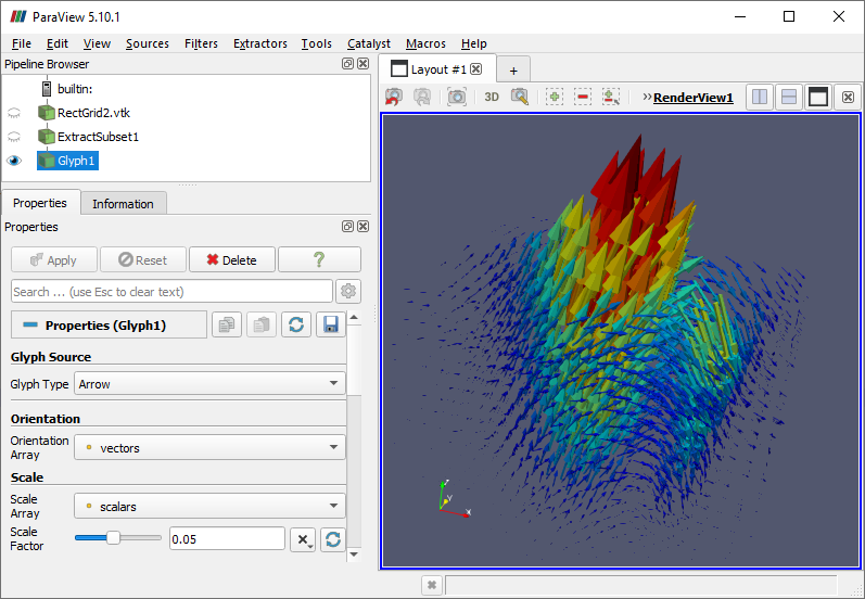 ParaView with a customized Glyph filter applied to a grid data set