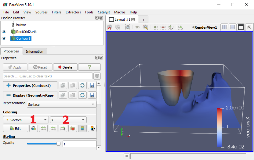 ParaView with a default color map applied to isosurfaces