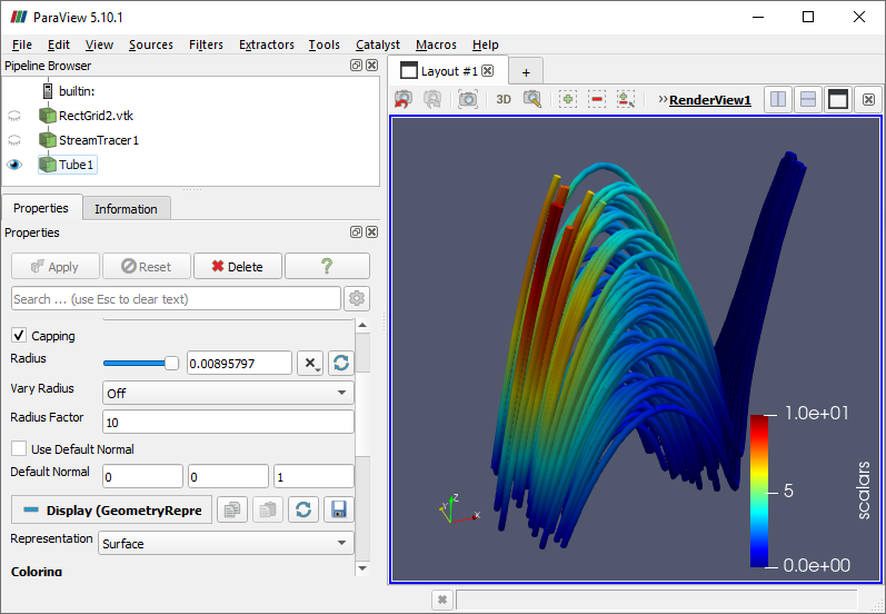 ParaView with a Tube filter applied to the output of a StreamTracer filter