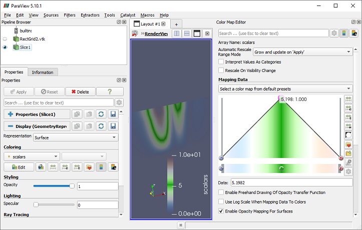 ParaView with the Color Map Editor displaying a custom color map