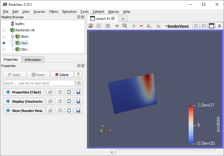 ParaView with a Clip filter applied to the results of a Slice filter