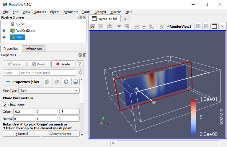 ParaView with a re-oriented Slice filter in the visualization pipeline