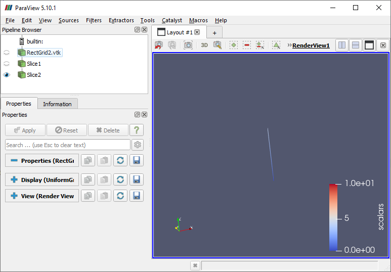 ParaView with a Slice filter applied to the results of another Slice filter